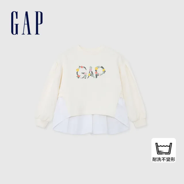 【GAP】女童裝 Logo印花假兩件圓領長袖上衣-奶白色(890218)