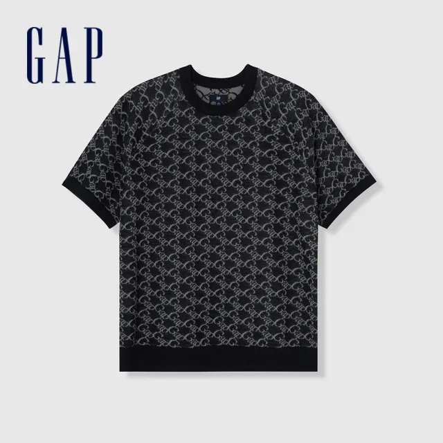 【GAP】男裝 Logo印花圓領短袖針織毛衣-黑色(891719)