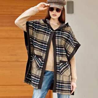 【ILEY 伊蕾】厚磅毛呢格紋連帽斗篷(咖色；F；1234013525)