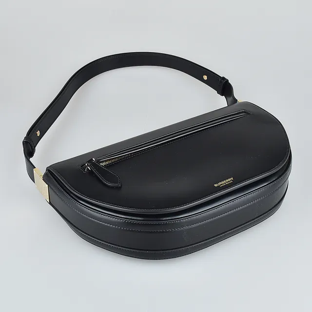 【BURBERRY 巴寶莉】BURBERRY OLYMPIA燙金LOGO小牛皮釦式肩背斜背半月包(中/黑)