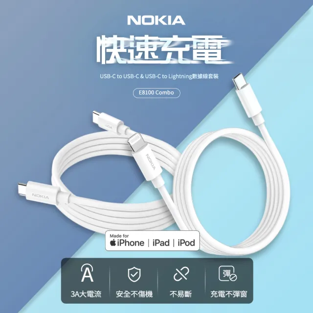 【NOKIA】Type-C轉Type-C+C TO Lightning 100cm  iPhone手機快充充電傳輸線套組(E8100 Combo)