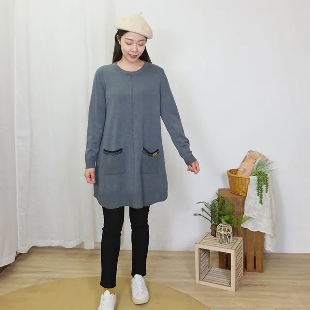 【Hana Mokuba】花木馬日系女裝圓領正肩造型小口袋長版毛衣(針織衫)