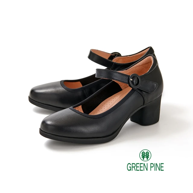 【GREEN PINE】網紅款全真皮瑪莉珍粗跟鞋黑色(00316632)