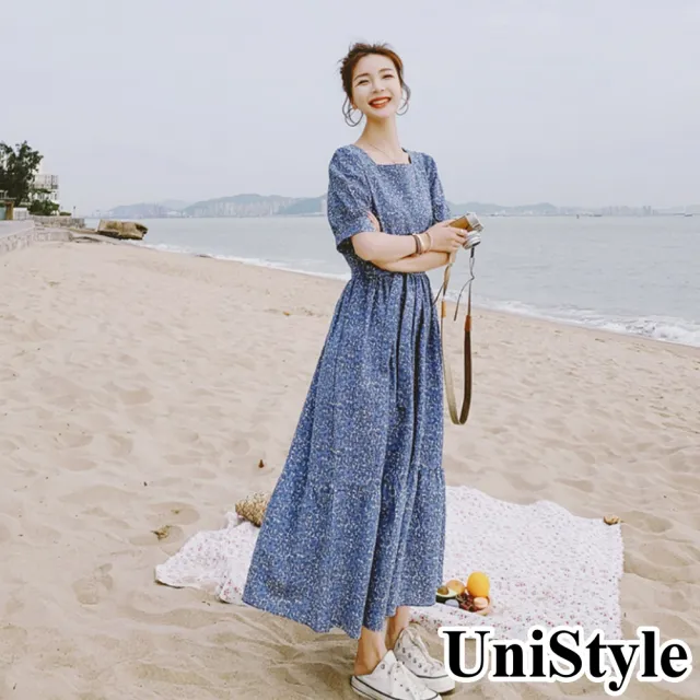 【UniStyle】碎花短袖洋裝 韓系泡泡袖甜美連身裙 女 ZMC313-0708(藍)