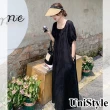 【UniStyle】亞麻短袖洋裝 韓系方領泡泡袖寬鬆顯瘦連身裙 女 ZM139-2383(黑)