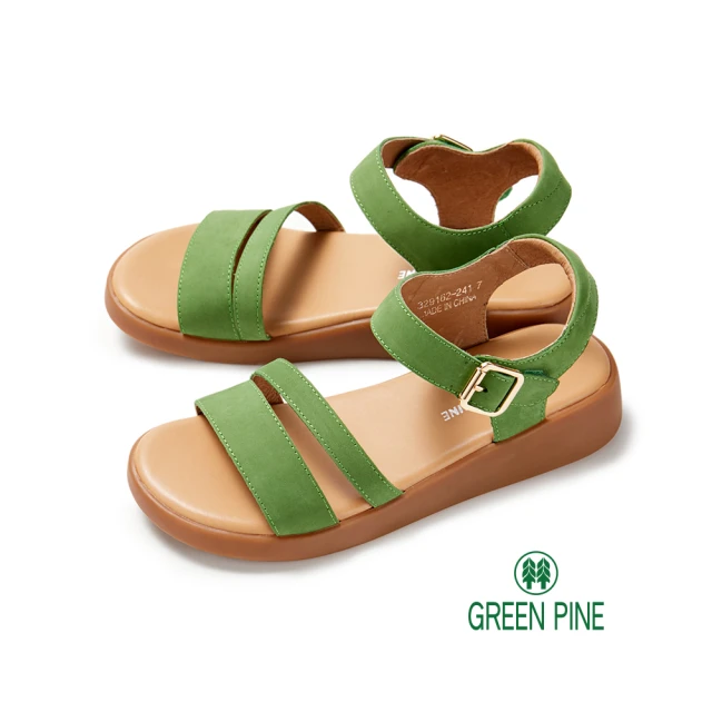 GREEN PINE 頂級牛皮微厚底魔鬼氈涼拖鞋綠色(00329162)