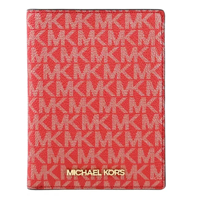 【Michael Kors】經典滿版MK LOGO印花多功能護照夾零錢中夾(紅/金)