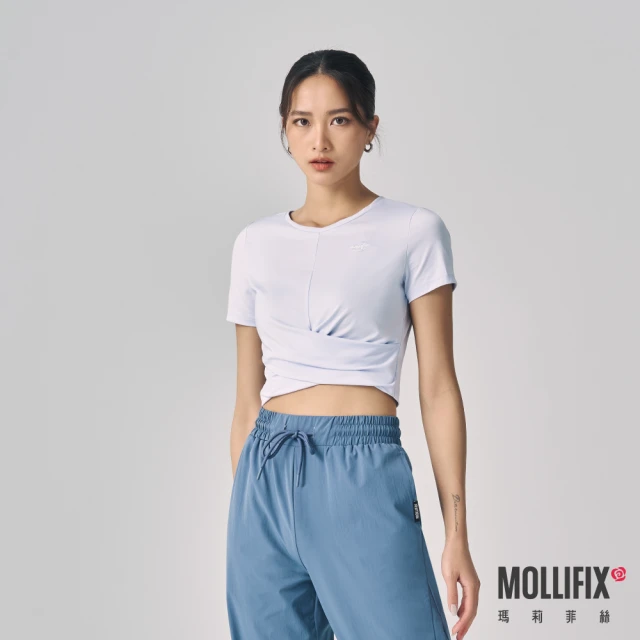 Mollifix 瑪莉菲絲 下擺交疊短袖上衣(灰藍)