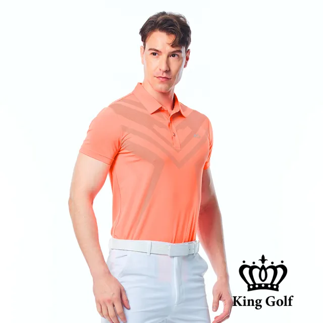 【KING GOLF】實體同步款-男款胸前大圖線條印圖KG印花短袖POLO衫/高爾夫球衫(螢光桔)