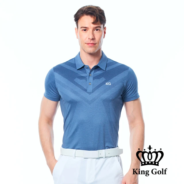 KING GOLF 實體同步款-男款胸前大圖線條印圖KG印花短袖POLO衫/高爾夫球衫(藍色)