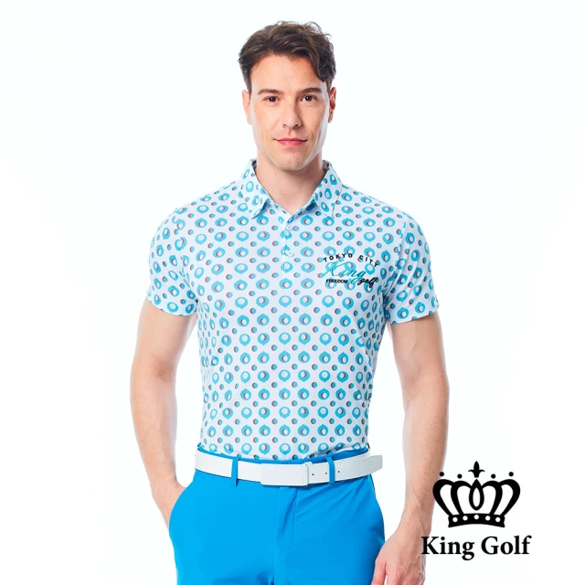 【KING GOLF】實體同步款-男款水滴造型印圖KG刺繡短袖POLO衫/高爾夫球衫(白色)