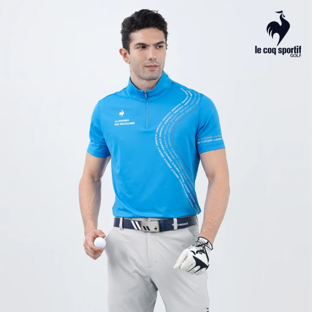 LE COQ SPORTIF 公雞 高爾夫系列 男款藍色漸層配色字母印花抗UV短袖立領衫 QGT2T202