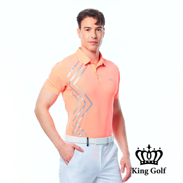 【KING GOLF】實體同步款-男款科技線條印花KG燙標透氣洞洞拼接短袖POLO衫/高爾夫球衫(橘色)