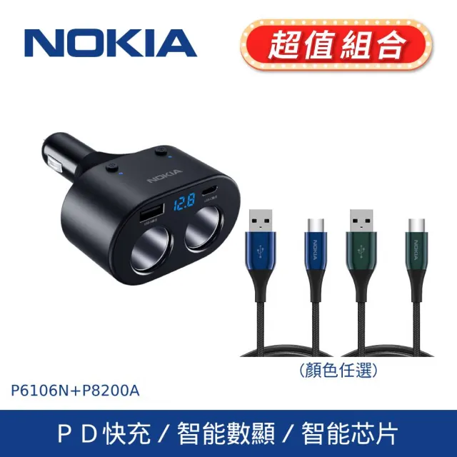 【NOKIA】P6106N 120W typeC/USB 電壓顯示 PD+QC 一轉二車充(TypeC充電線超值組)
