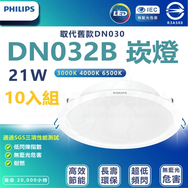 Philips 飛利浦 10入組 DN032b 21W崁燈 嵌入孔20cm(白光/中性光/黃光)