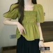 【JILLI-KO】雪紡時尚褶皺方領縮腰娃娃衫-F(綠/白)