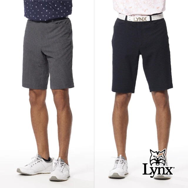 【Lynx Golf】男款日本進口面料泡泡布造型透氣舒適經典格紋後袋山貓繡花平口休閒短褲(二色)