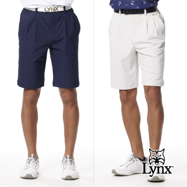 Lynx Golf 男款日本進口面料環保素材抗UV涼感機能素面外觀後袋山貓繡花雙折休閒短褲(二色)