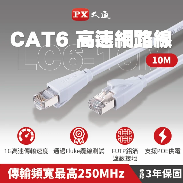 【PX 大通-】CAT6高速10M10米250M乙太1G網路線Fluke線纜測試RJ4網路攝影機POE供電交換器