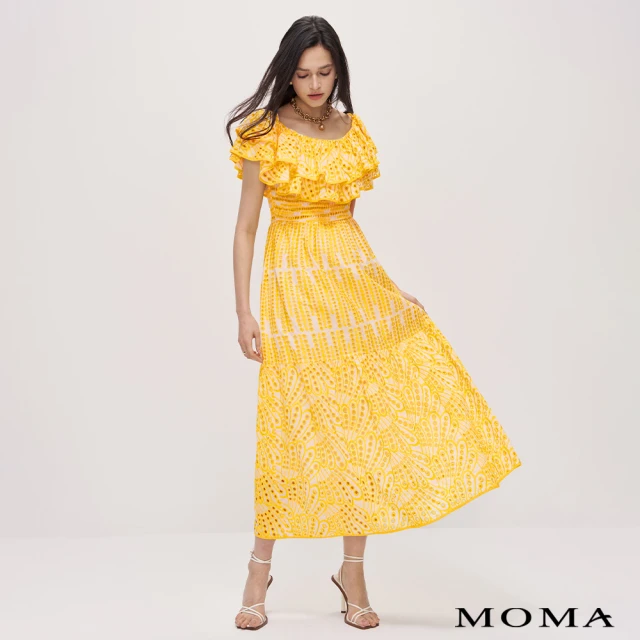 MOMAMOMA 春形象款｜金燦繡花大荷葉領洋裝(黃色)