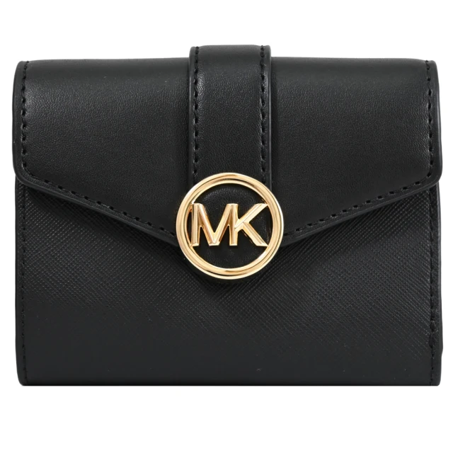 Michael Kors 簡約金屬MK LOGO皮革三折扣式零錢短夾(黑/金)