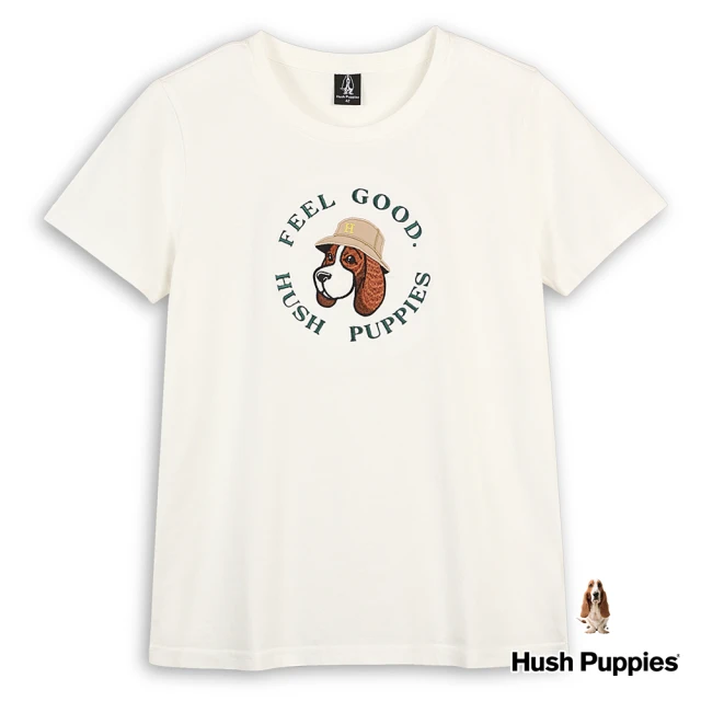 Hush Puppies 女裝 T恤 素色Q版刺繡漁夫帽狗短袖T恤(米白 / 43211207)