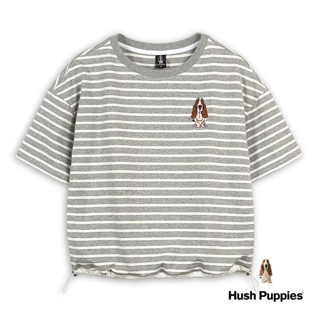 Hush Puppies 女裝 上衣 簡約條紋假兩件圓領經典刺繡狗上衣(麻灰 / 43210108)