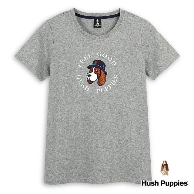 Hush Puppies 女裝 T恤 素色Q版刺繡漁夫帽狗短袖T恤(灰色 / 43211207)