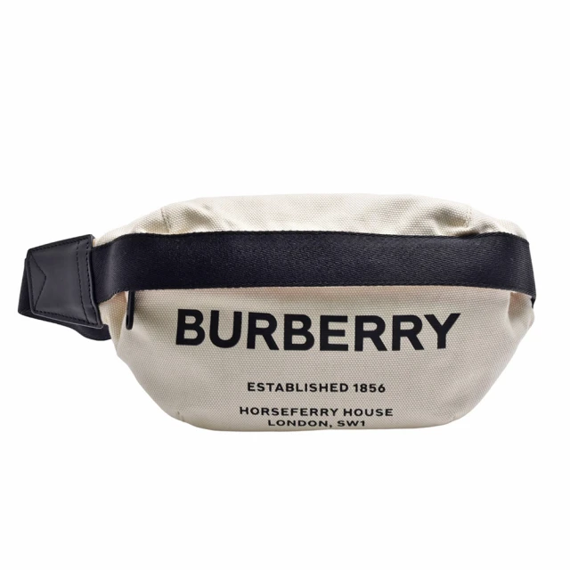 BURBERRY 巴寶莉 經典HORSEFERRY品牌LOGO帆布拉鍊腰包(黑/白色-展示品8014641)