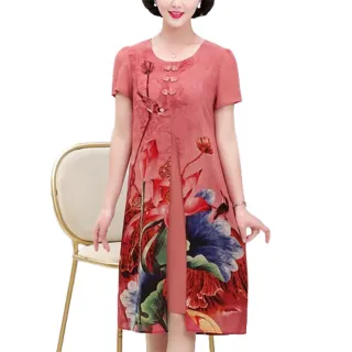 【K.W.】現貨假二件式真絲質感定位印花中國領洋裝(共1色)