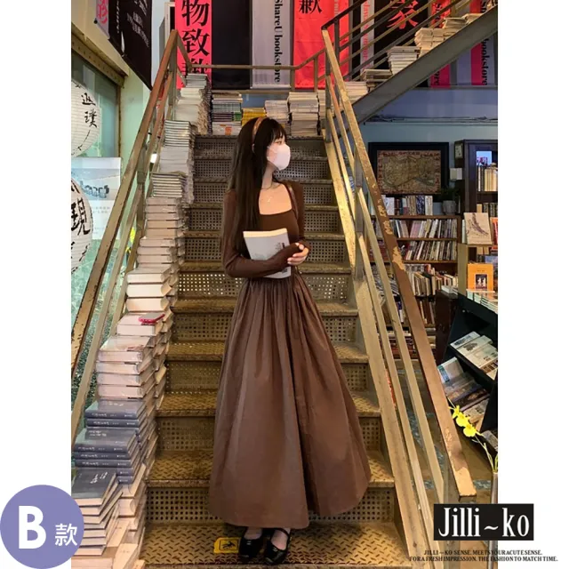 【JILLI-KO】法式氣質高級感寬鬆連衣裙 長裙 洋裝-F(多款任選)