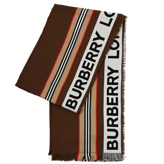 BURBERRY 巴寶莉 經典品牌LOGO撞色條紋印花保暖披肩長圍巾(咖)