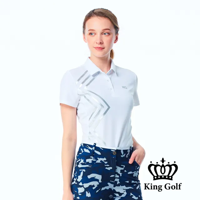 【KING GOLF】實體同步款-女款素色燙銀線條透氣POLO衫/高爾夫球衫(白色)