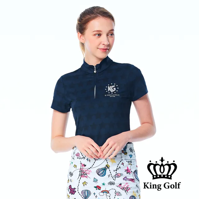 【KING GOLF】速達-實體同步款-女款星星滿版底圖立領POLO衫/高爾夫球衫(丈青)