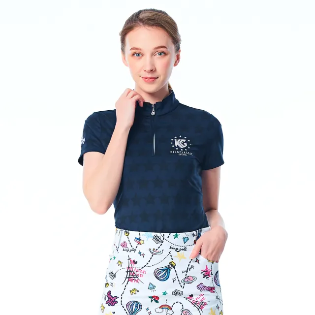【KING GOLF】速達-實體同步款-女款星星滿版底圖立領POLO衫/高爾夫球衫(丈青)