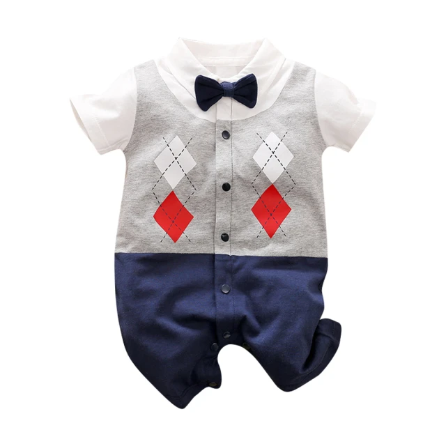 JoyNa 造型連身短袖包屁衣 童裝 嬰兒連身衣 格子紳士款(開扣設計/方便穿脫)