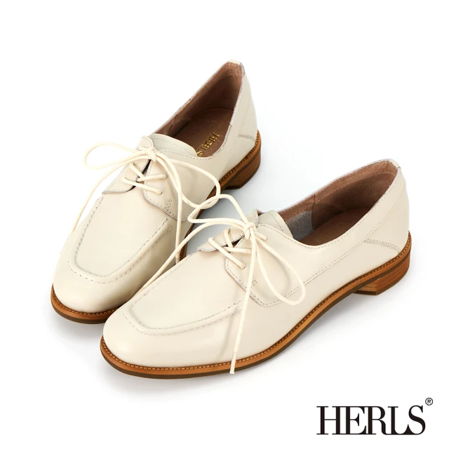 HERLS 牛津鞋-全真皮鏤空綁帶尖頭低跟牛津鞋(米白色)評