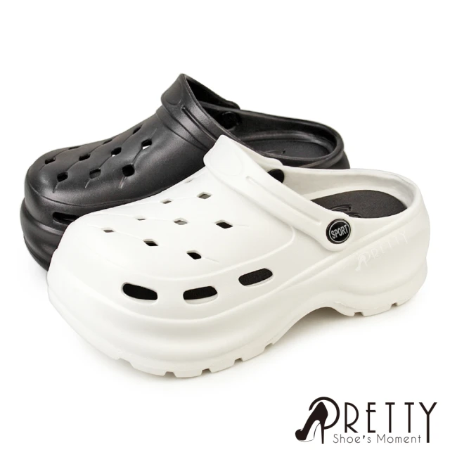 PrettyPretty 女鞋 厚底洞洞鞋 布希鞋 穆勒鞋 涼拖鞋 雨鞋 鞋釦 防水 輕量(白色、黑色)