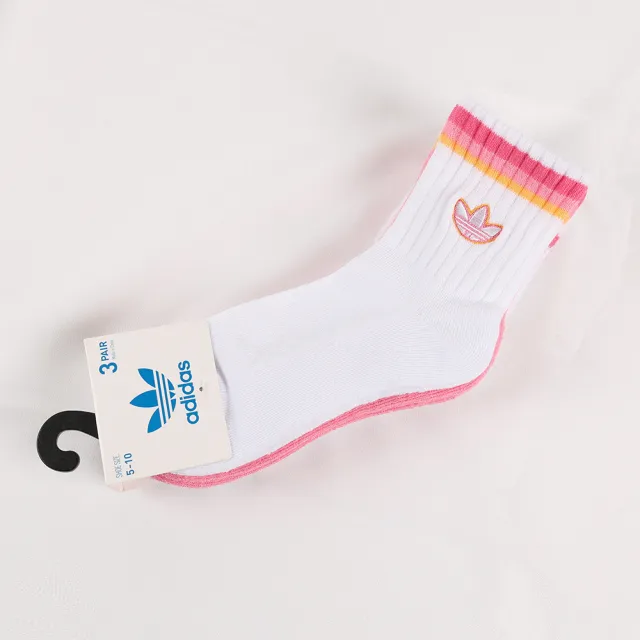 【adidas 愛迪達】襪子 三雙入 男女襪 中筒襪 粉色 青蘋果色 運動襪 三葉草LOGO(百搭爆款/男女組合)