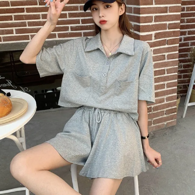 【Amirr 艾米爾】★POLO領抽繩綁帶鬆緊褲套組(女上衣/短袖/兩件式套裝)