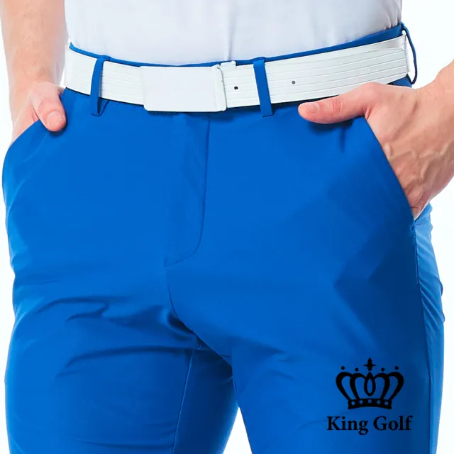 【KING GOLF】實體同步款-男款腰部線條印花素面百搭修身彈性休閒長褲/高爾夫球長褲(藍色)