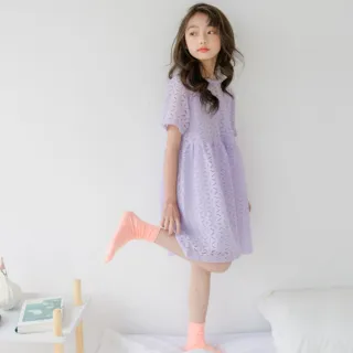 【UniKids】中大童裝短袖洋裝 花朵森系蕾絲連身裙  女大童裝 VW20012(紫)
