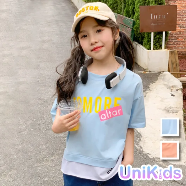 【UniKids】中大童裝假兩件字母短袖T恤上衣  女大童裝 VWHT208T(藍T 橙T)