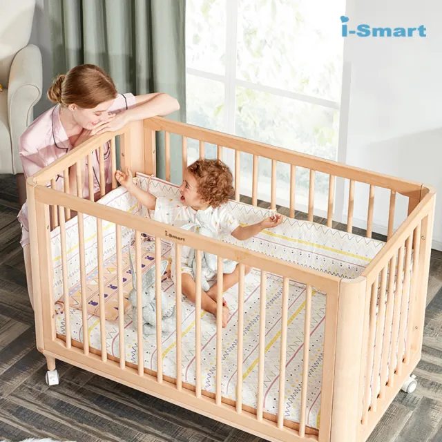 【i-smart】原生初紋櫸木嬰兒床+杜邦防蹣透氣墊+尿墊+蚊帳(超值4件組)