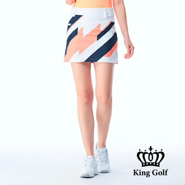 【KING GOLF】實體同步款-女款撞色線條色塊修身A LINE短裙/高爾夫球裙(橘色)