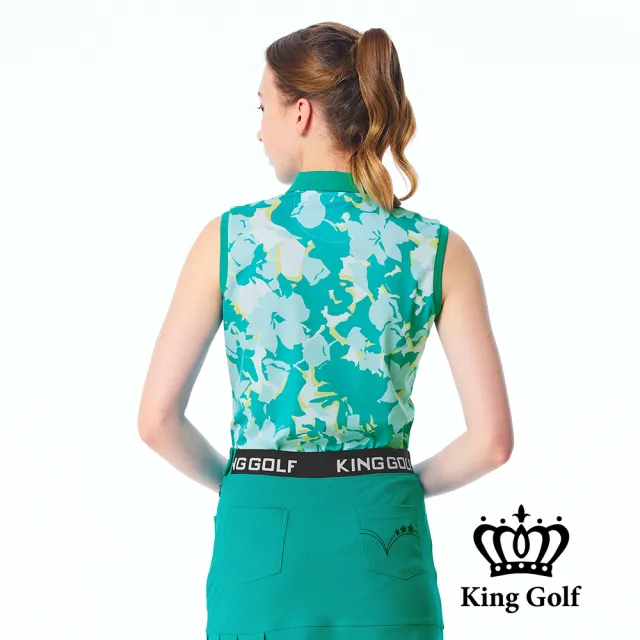 【KING GOLF】實體同步款-女款燙鑽刺繡迷彩印花撞色領口無袖背心POLO衫/高爾夫球衫(綠色)