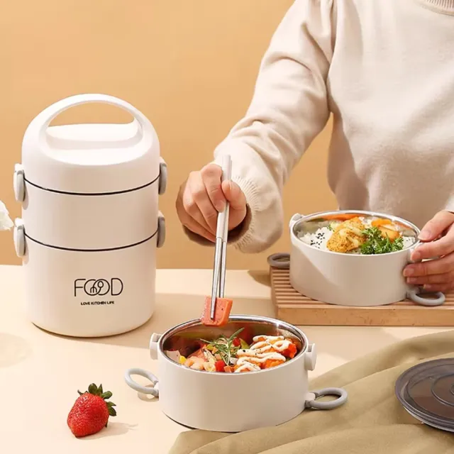 【SUNORO】304不鏽鋼 雙層保溫防燙便當盒 可微波飯盒1800ML兩層裝(鮮盒/午餐盒/午餐碗)