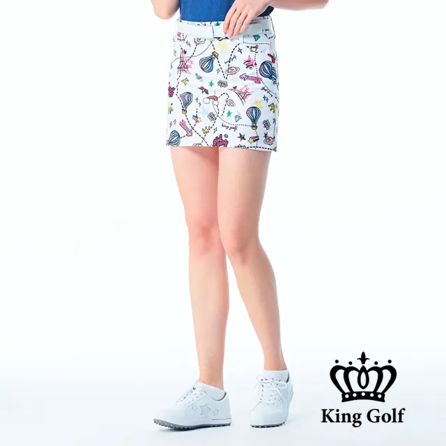 【KING GOLF】實體同步款-女款滿版繽紛熱氣球印花A LINE短裙/高爾夫球裙(白色)