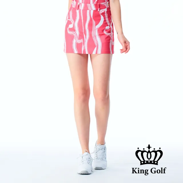 【KING GOLF】實體同步款-女款立體刺繡緞帶剪影印花修身A LINE短裙/高爾夫球裙(粉色)