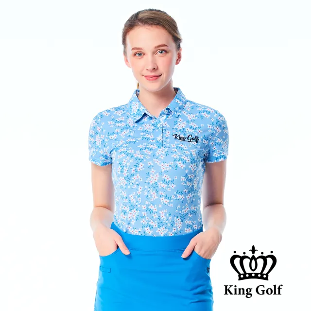 【KING GOLF】實體同步款-女款滿版繽紛小碎花印花POLO衫/高爾夫球衫(藍色)